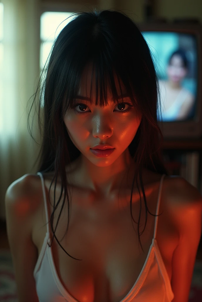 Sadako from sexy hoop movie naked on TV sucking a penis