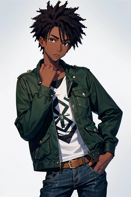 Black boy, about , African American, slim build, rocker clothing, green jacket, jeans, black hair, black eyes, black skin, looking directly at the viewer, white background.