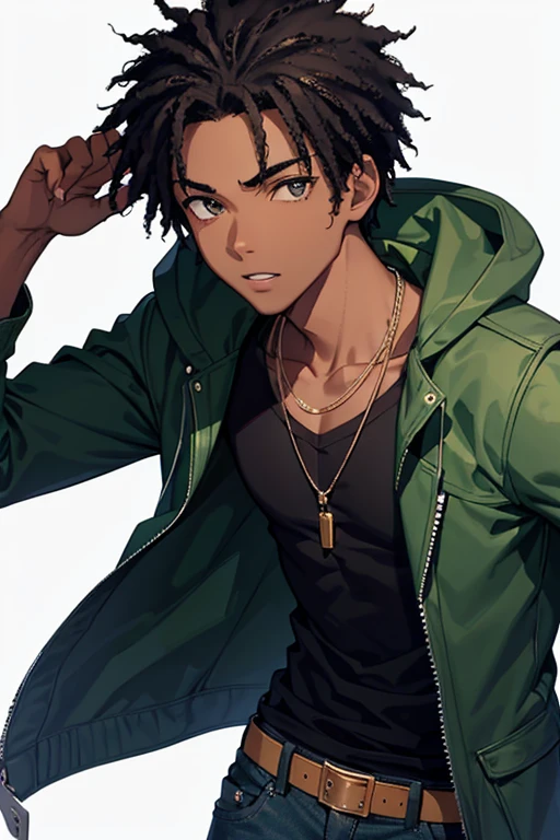 Black boy, about , African American, slim build, rocker clothing, green jacket, jeans, black hair, black eyes, black skin, looking directly at the viewer, white background.