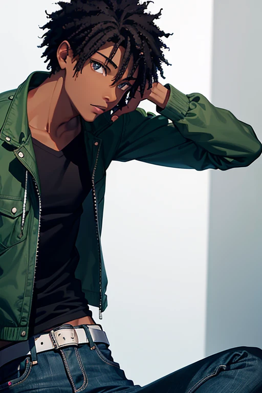 Black boy, about , African American, slim build, rocker clothing, green jacket, jeans, black hair, black eyes, black skin, looking directly at the viewer, white background.