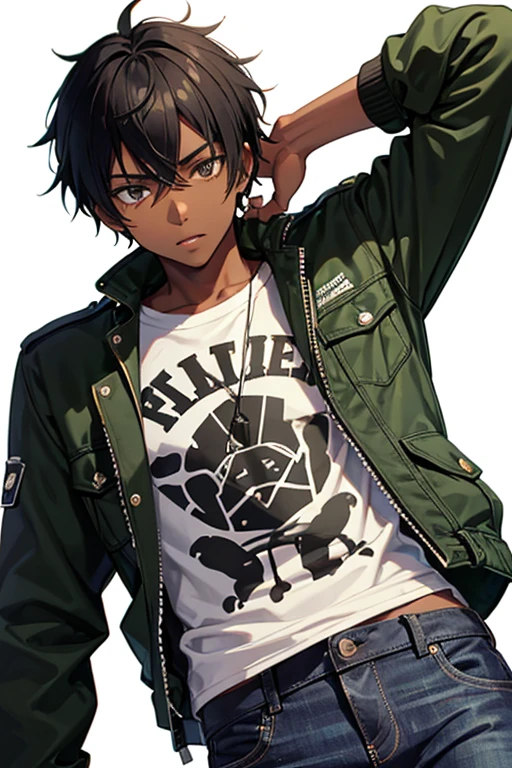 Black boy, about , African American, slim build, rocker clothing, green jacket, jeans, black hair, black eyes, black skin, looking directly at the viewer, white background.