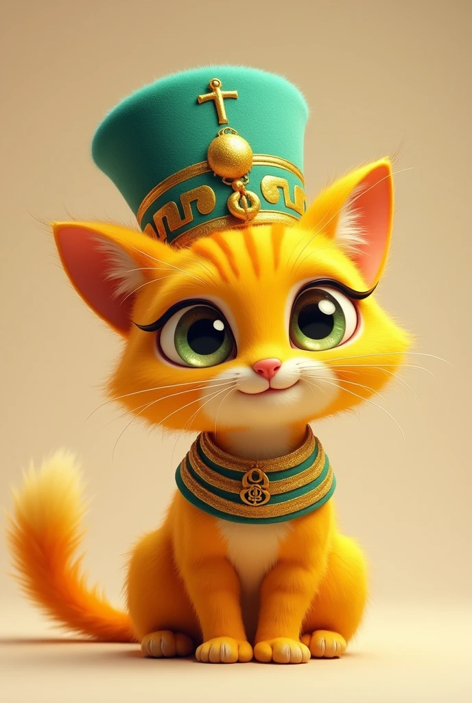 Yellow cat with a green Egyptian hat
With a fluffy tail