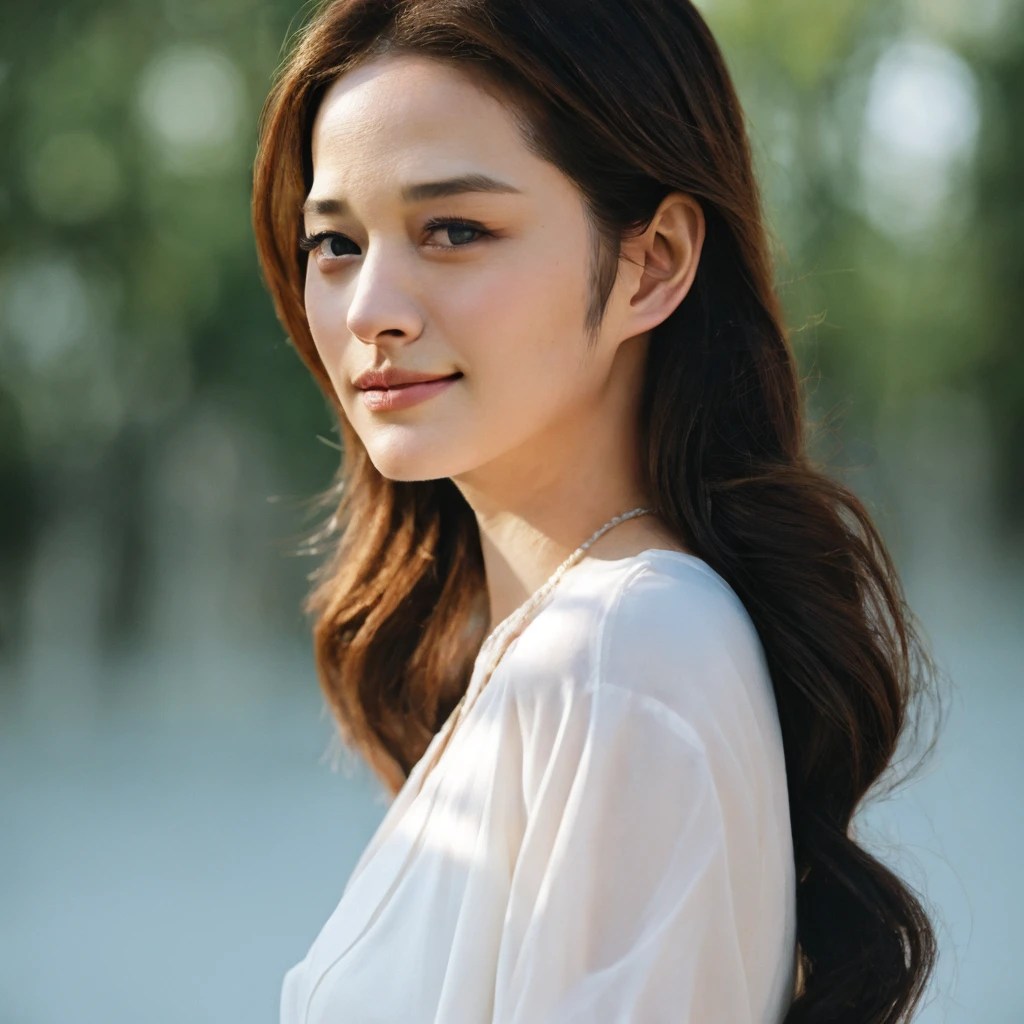 1girl, quite a bit body, Realistic photograph best quality portrait of a beautiful gorgeous young cute Asian woman, 21yo., looking at viewer, detailed face, Realistic texture human skin, very beauty long and slender bright glowing face, droopy hooded eyes, wavy nose, full wide lips, close lips wided smile, wind tousled ponytail, studio portrait, (((young Marion Cotillard blended face mixed with young Anne Hathaway))), wearing white wuxia clothing, hand up to swing up hair, flirting smiling portrayal, ethereal girl, intimate lighting sturdy, real photo, brown eyes, best quality, masterpiece, Leica SL3, Summicron-SL 75mm ASPH, F/1.8, (cinematic still:1.2), Film Never Die Kiro 400 film, bokeh, rim lighting, silhouette, shallowed depth of field,