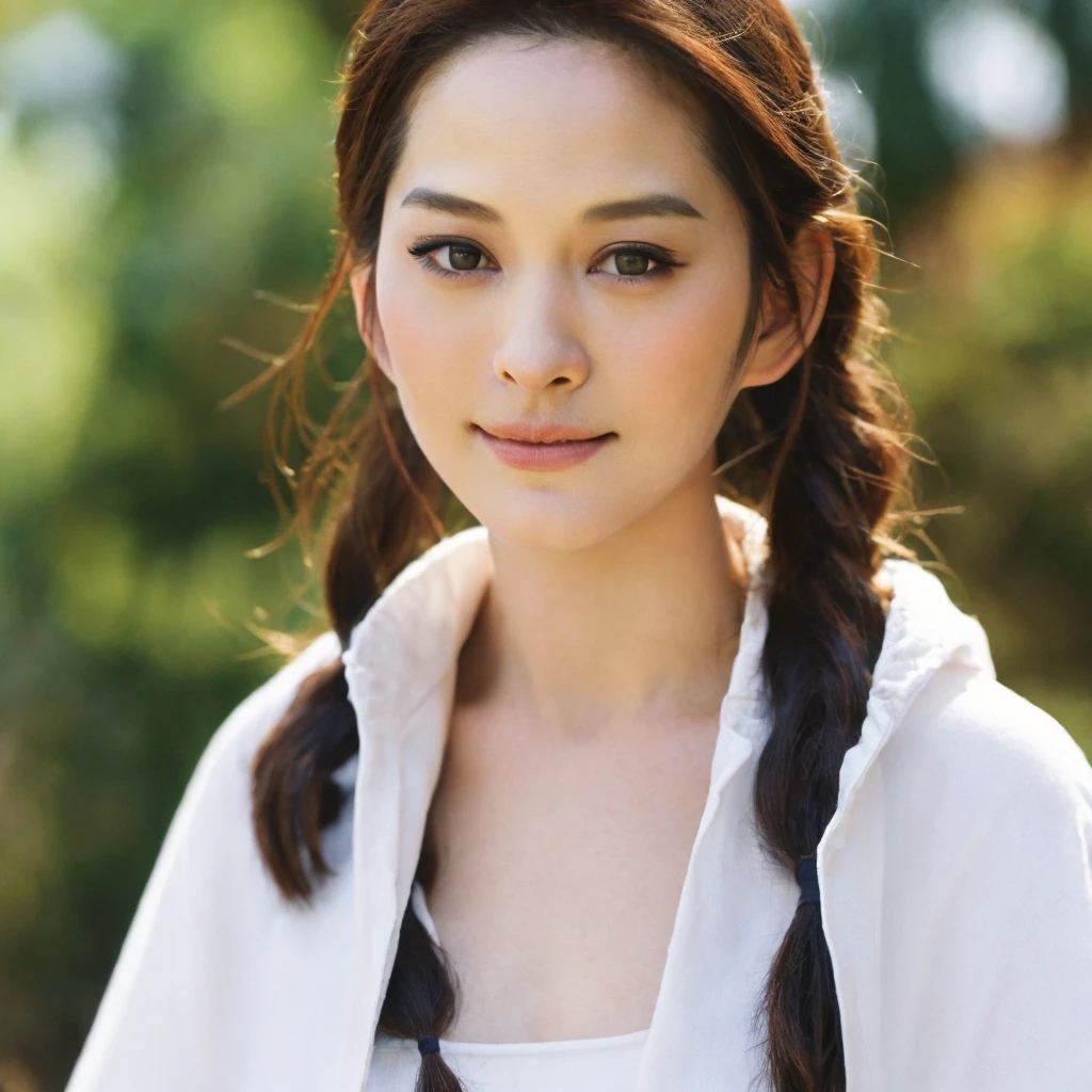 1girl, quite a bit body, Realistic photograph best quality portrait of a beautiful gorgeous young cute Asian woman, 21yo., looking at viewer, detailed face, Realistic texture human skin, very beauty long and slender bright glowing face, droopy hooded eyes, wavy nose, full wide lips, close lips wided smile, wind tousled ponytail, studio portrait, (((young Marion Cotillard blended face mixed with young Anne Hathaway))), wearing white wuxia clothing, hand up to swing up hair, flirting smiling portrayal, ethereal girl, intimate lighting sturdy, real photo, brown eyes, best quality, masterpiece, Leica SL3, Summicron-SL 75mm ASPH, F/1.8, (cinematic still:1.2), Film Never Die Kiro 400 film, bokeh, rim lighting, silhouette, shallowed depth of field,