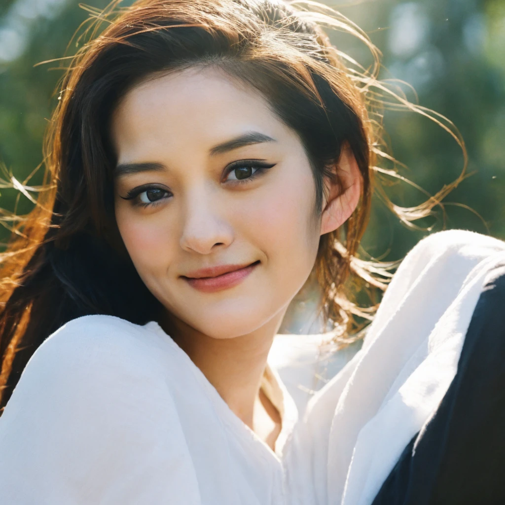 1girl, quite a bit body, Realistic photograph best quality portrait of a beautiful gorgeous young cute Asian woman, 21yo., looking at viewer, detailed face, Realistic texture human skin, very beauty long and slender bright glowing face, droopy hooded eyes, wavy nose, full wide lips, close lips wided smile, wind tousled ponytail, studio portrait, (((young Marion Cotillard  blended face mixed with young Anne Hathaway))), wearing white wuxia clothing, hand up to swing up hair, flirting smiling portrayal, ethereal girl, intimate lighting sturdy, real photo, brown eyes, best quality, masterpiece, Leica SL3, Summicron-SL 75mm ASPH, F/1.8, (cinematic still:1.2), Film Never Die Kiro 400 film, bokeh, rim lighting, silhouette, shallowed depth of field, 