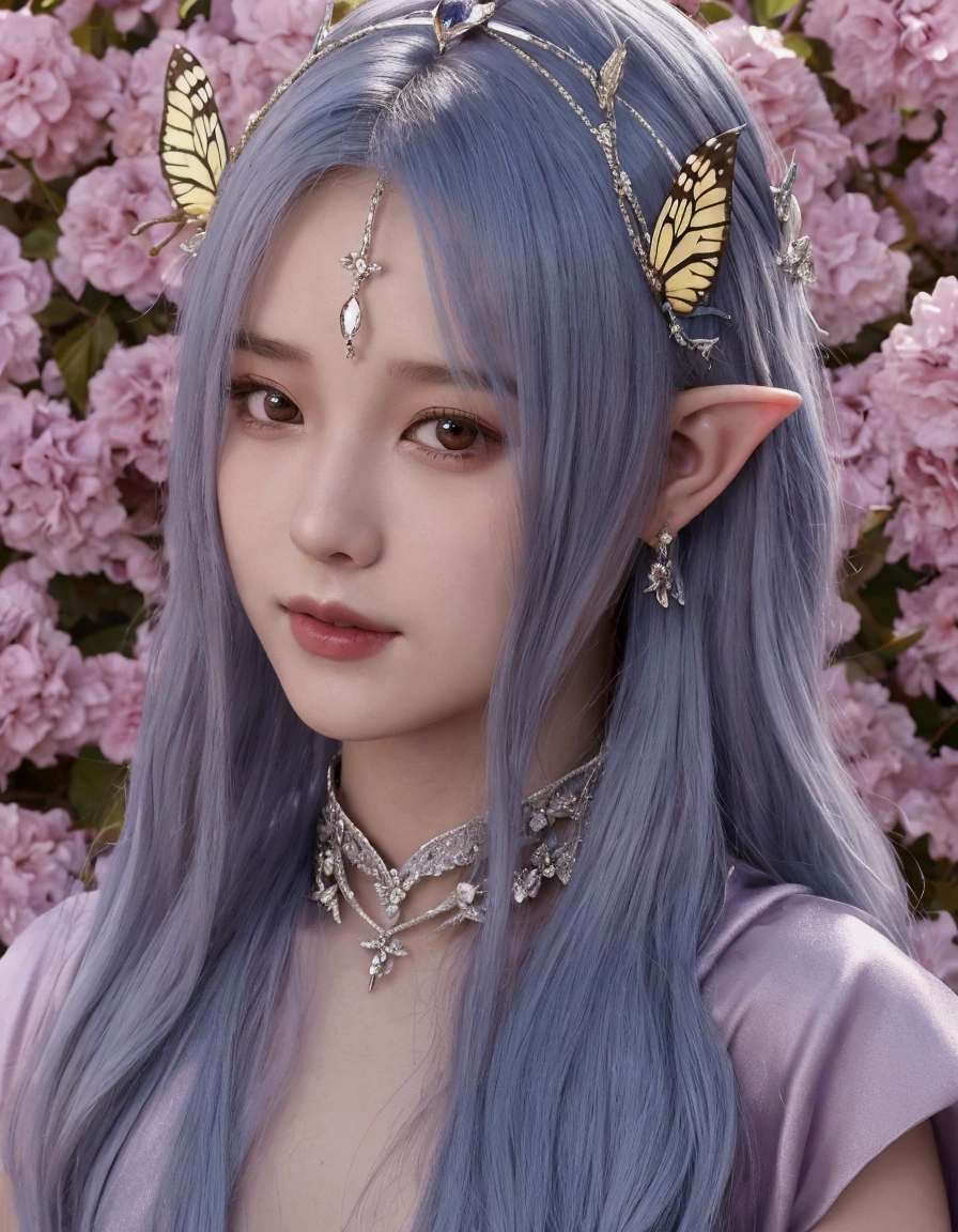 a close up of a man with a butterfly headpiece on, (((mad))) elf princess, side portrait of elven royalty, elfin beauty, elven character with smirk, inspired by Ren Renfa, ethereal flowerpunk, elven, fae teenage girl, second life avatar, elven princess, ethereal hair, inspired by Elmyr de Hory, Felix from Stray kids