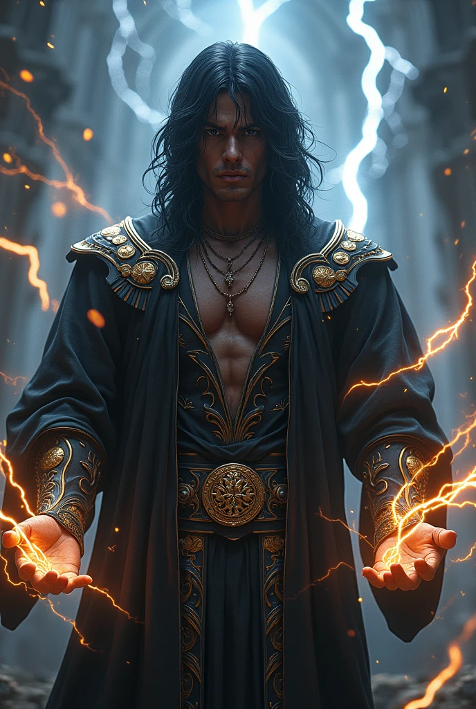 a dark-skinned man with black hair and a large fringe covering his eyes. He wears a black and gold attire, He exudes power and elegance. His attire is adorned with details that shimmer like lightning and his posture is imposing. He possesses the power to control thunder, with lightning bolts emerging from his hands and enveloping his body when he uses his powers. The scenery around him might be illuminated by flashes of electricity, showcasing the magnitude of his abilities.