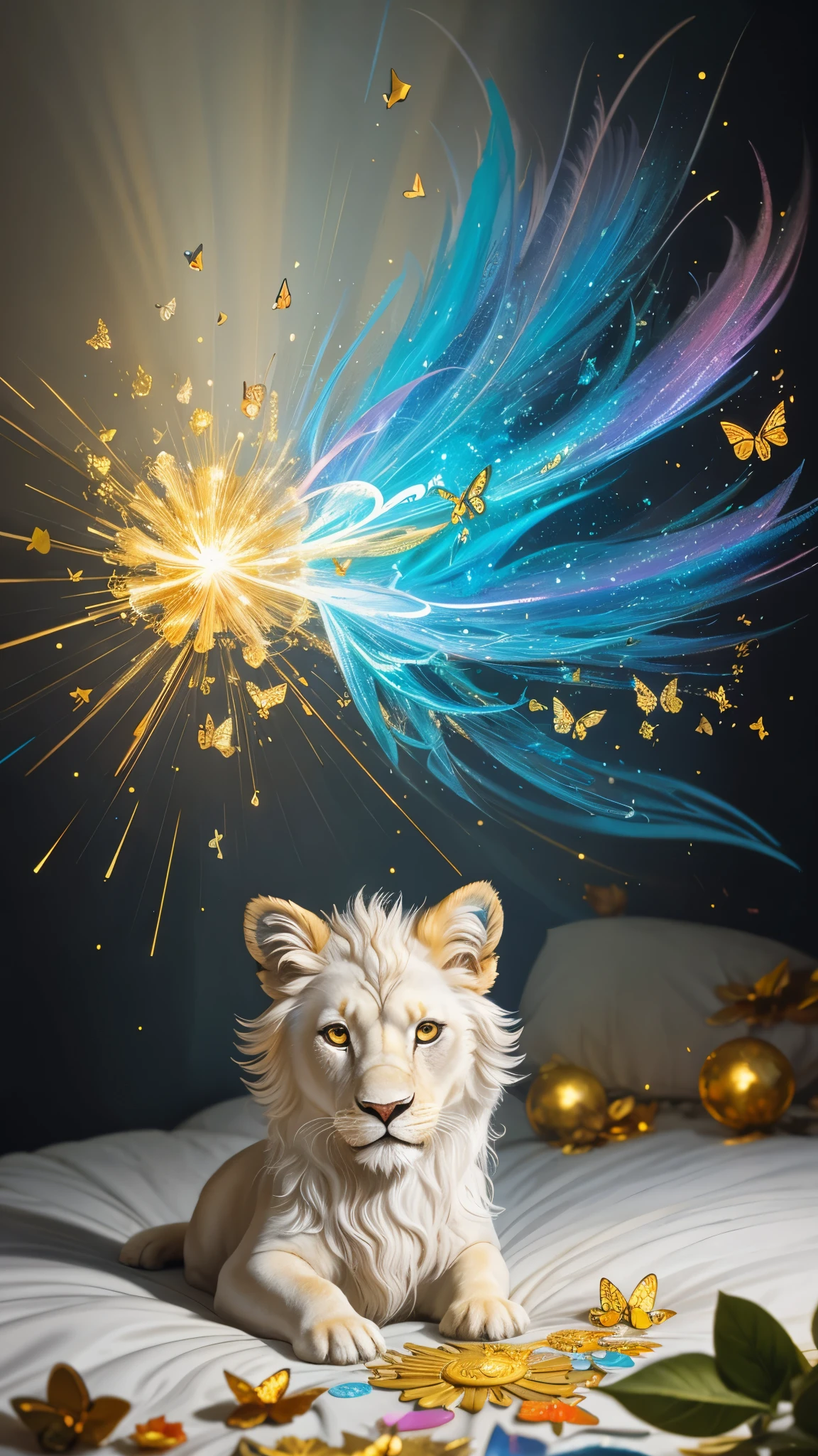 splash art, luminism, fantasy acrylic, digital painting , a close up little cute magic chibi fantasy white color lion dog in bed, flowers, butterflies, sparks, magic creature made of colors, big reflective eyes, splash style of colorful paint, paint dripping, color waves, close portrait, color drops, fairytale, dynamic lighting, artstation, by Peter Mohrbacher, craola, WLOP, masterpiece, golden glowing, bubbles, transparent smoke, sunbeams