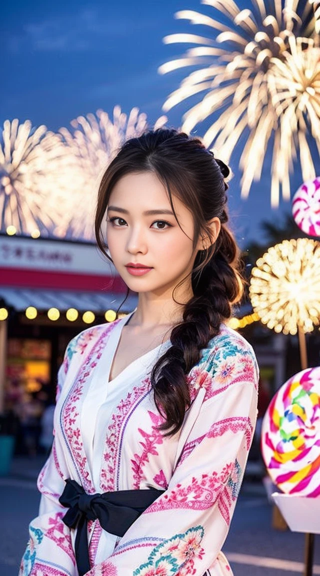 Dark brown hair、Light brown eyes、Japanese actress、 Lady、I am about 40 years old..、(Intricate details:1.2)、(Which is higher???:1.4)、 (超High resolution:1.2)、超High resolution、(Fine-tune)、(Detailed faceの特徴)、Hmph、8k resolution、D cup size breasts、Long Hair、Hue、night、,Full body photo、masterpiece, (One beautiful person), Detailed eyes, Highest quality, 超High resolution, (reality、Fireworks display、Opening a store、candy stall、night、walk: 1.4), Original photo, One Girl, Cinema Lighting, Japanese,standing、 Asian Beauty, Beautiful skins, (超reality的な), (High resolution), (8k yen), (Very detailed),(Ultra-detailed), Detailed face, Fireworks display、Opening a store、yukata、Put your hair up、Japanese clothing、Hairpin、night、Wear a yukata、Japanese clothing、Summer in Japan、