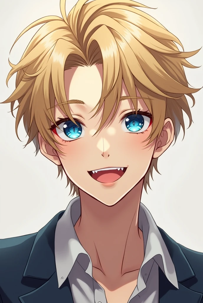 A man with very light blond hair, blue eyes, pale skin, kind, smiling with notable fangs, anime style