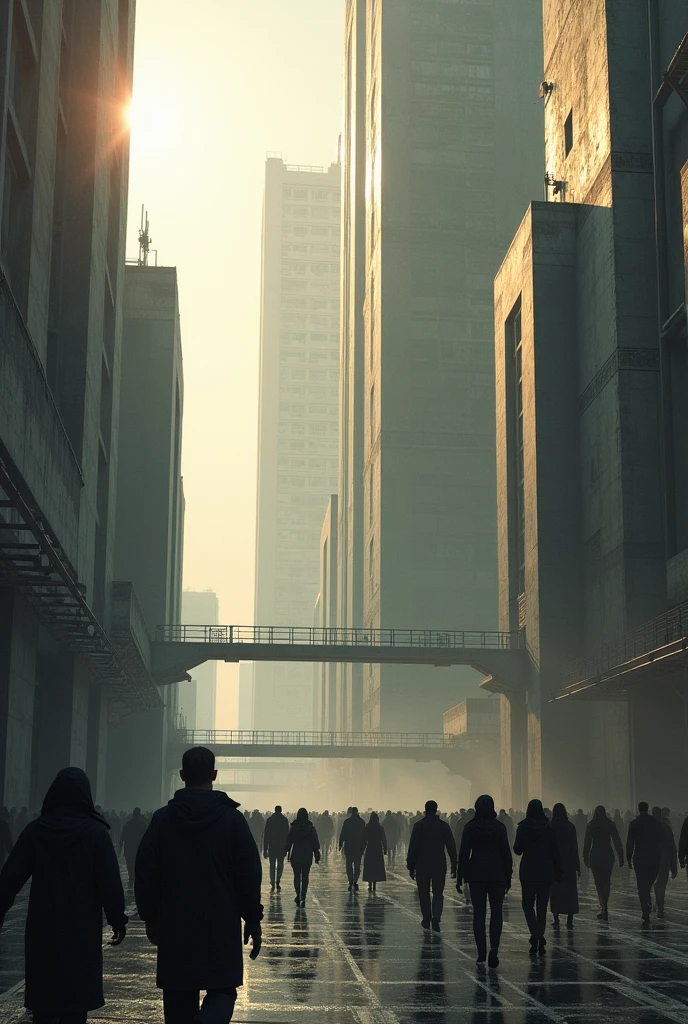 A futuristic city with raw architecture. People are walking in the streets, all dressed in black. The sun gently illuminates the city