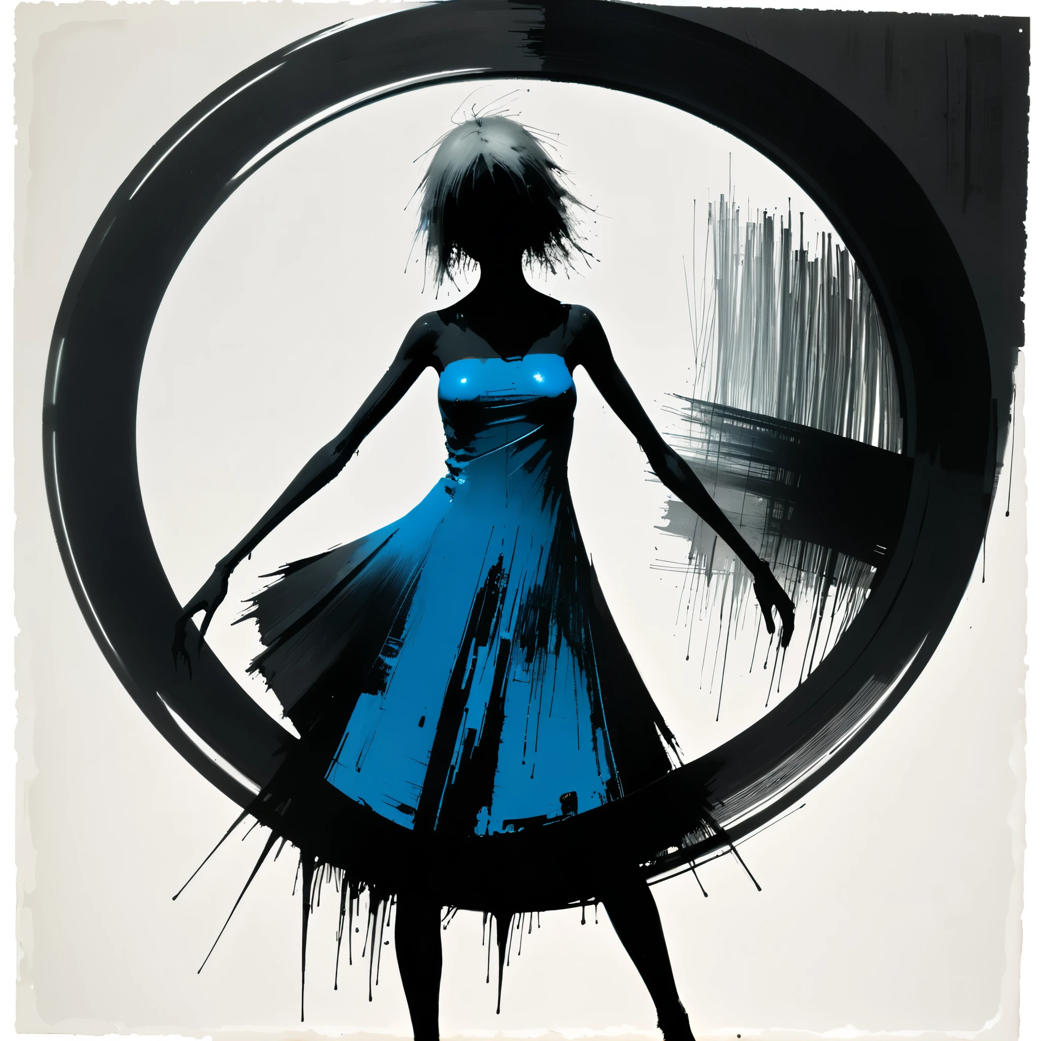 [in style of ashley wood],[in style of Hans Hartung],in style of Chris Friel
(1girl,character conceptual design,half body),dress，gravure_pose,inkjet,polypropylene pigments,circular composition