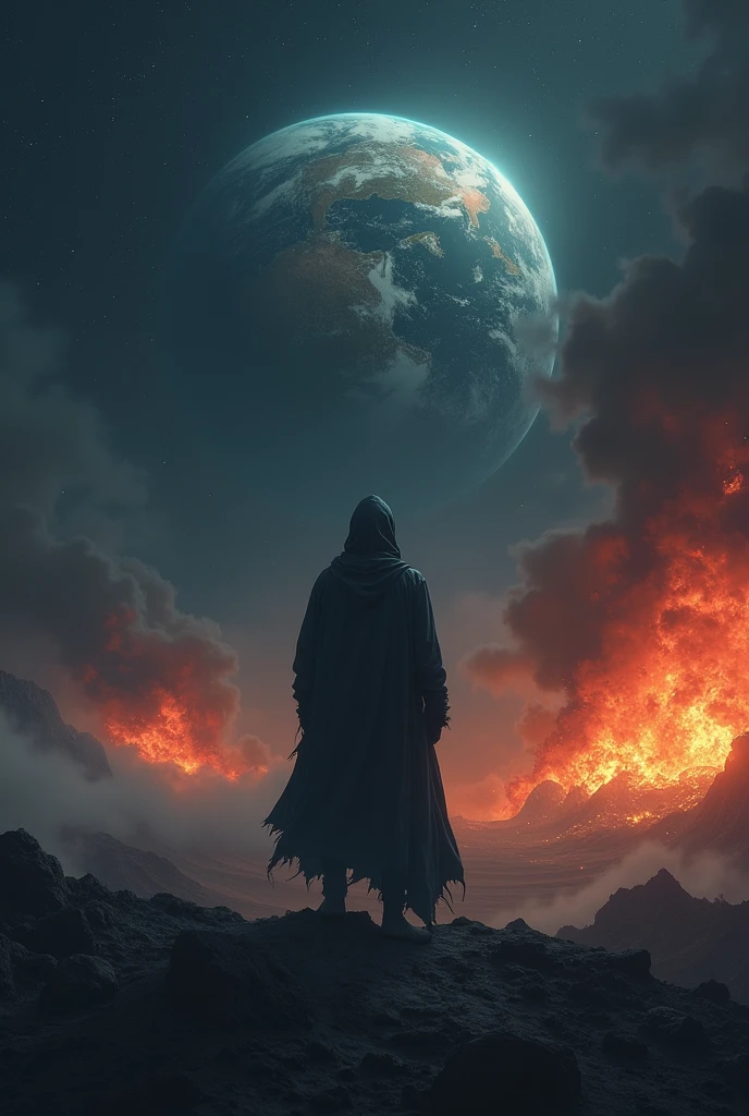 Create an album cover in the trap aesthetic of a solitary person in space with Earth being destroyed in the background.