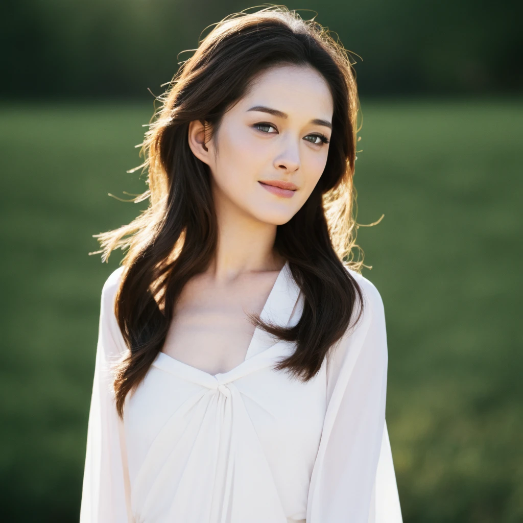 1girl, quite a bit body, Realistic photograph best quality portrait of a beautiful gorgeous young cute Asian woman, 21yo., looking at viewer, detailed face, Realistic texture human skin, very beauty long and slender bright glowing face, droopy hooded eyes, wavy nose, full wide lips, close lips wided smile, wind tousled ponytail, studio portrait, (((young Marion Cotillard blended face mixed with young Anne Hathaway))), wearing white wuxia clothing, hand up to swing up hair, flirting smiling portrayal, ethereal girl, intimate lighting sturdy, real photo, brown eyes, best quality, masterpiece, Leica SL3, Summicron-SL 75mm ASPH, F/1.8, (cinematic still:1.2), Film Never Die Kiro 400 film, bokeh, rim lighting, silhouette, shallowed depth of field,