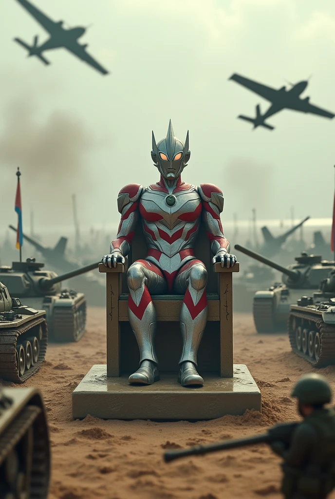 ultraman sit on healing chair at army day bomb . sea, beach . everywhere lot of soldier in battlefield.world war 2. tilt shift photography. lot of war. tank.aircraft 1940. air drop