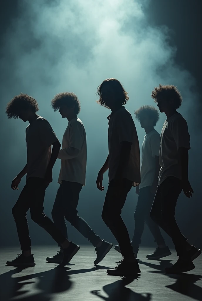 create a group of 6 silhouettes of young-adult men dancing in the shadows they are looking forward and have medium fluffy straight hair, cant see any details of them, with more smoke in the ground; they are in a empty show stage;
good try, but there must be 6 men
They have shirts