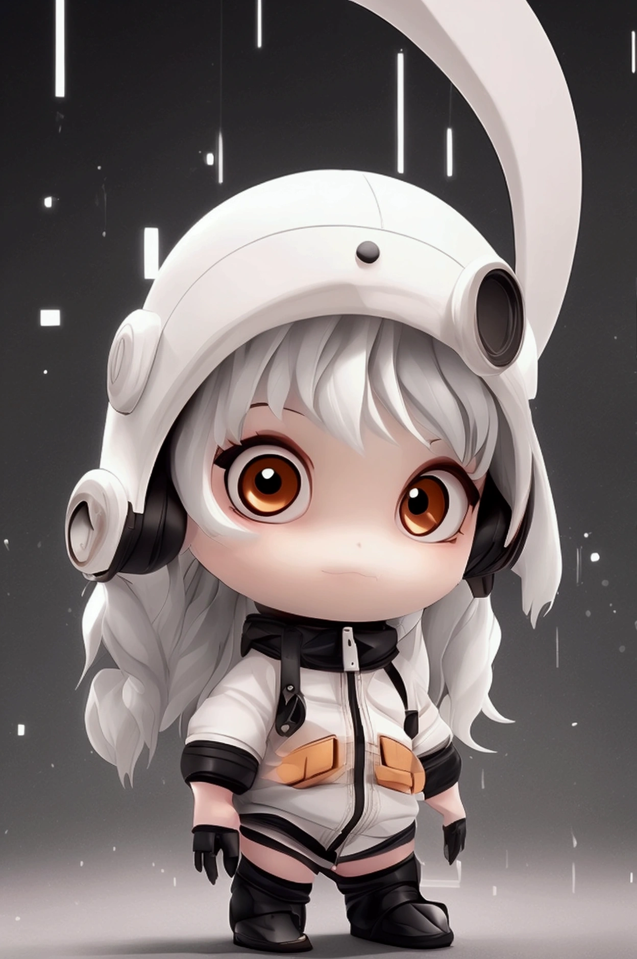 Female Chibi Character, white-skinned, blackquality hair, cyber style.