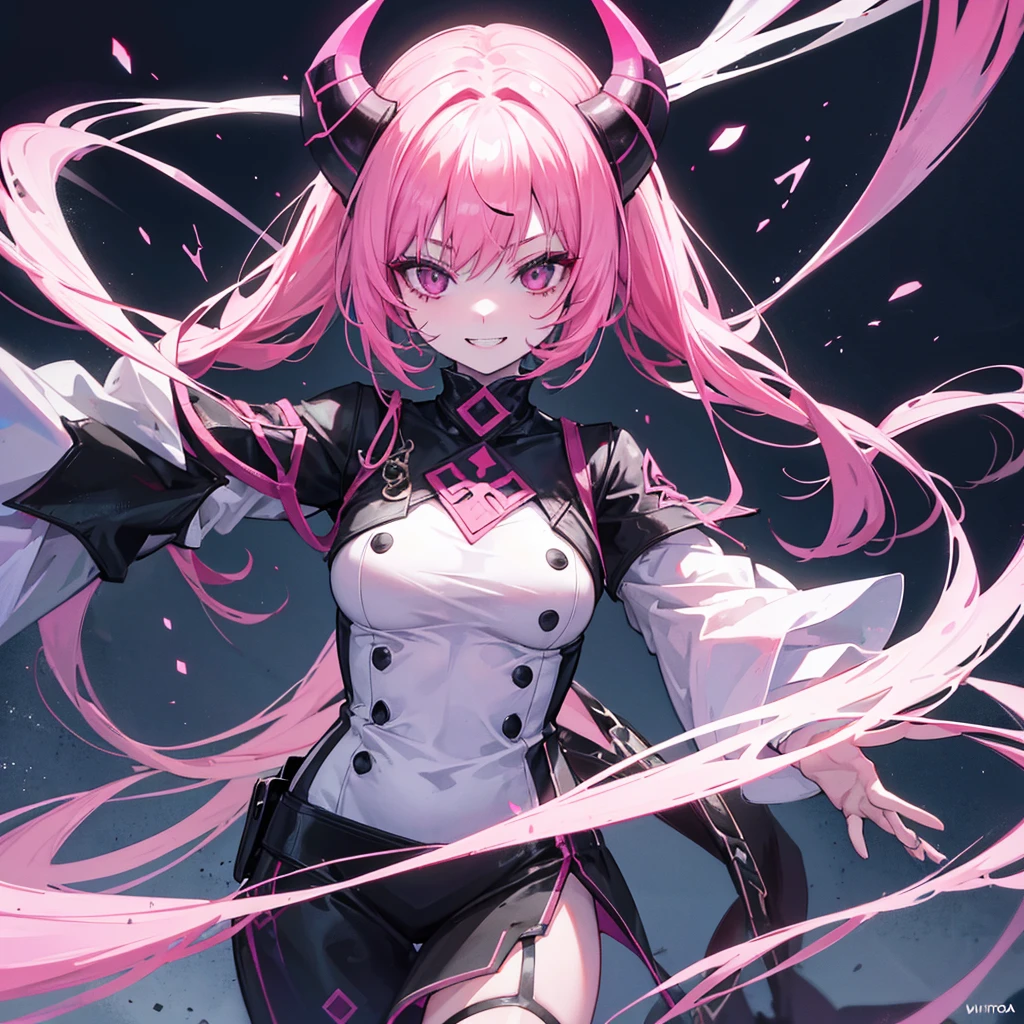 She is a demon race. The mountain is big, has white skin, and has a scary face. She has teeth like a shark. And she was smiling. She had pitch black eyes, pink hair, and she was very .