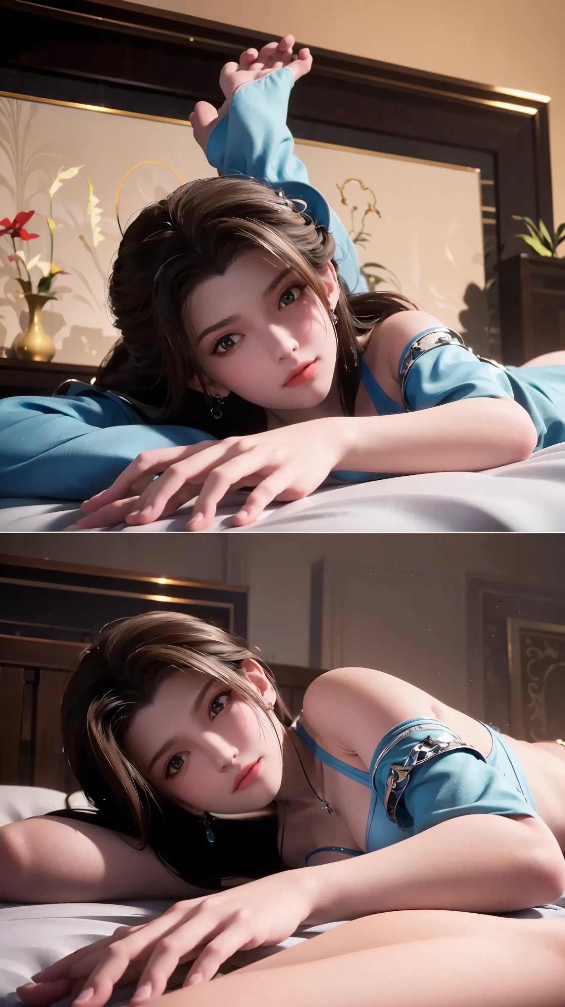 A beautiful young woman lying on a bed, wearing a spaghetti strap nightgown, facing upwards with her legs slightly raised, extremely detailed and beautiful, , high resolution, 4k, 8k, cinematic, full body, laying down, long legs, very large breasts, full body capture, (((laying on a bed))), (((full body laying on a bed))), large bed, bare shoulders, shoulder-length skirt, laying on a bed, head on pillow, lying down, head resting on pillow, (((fully reclined on a bed))), full body reclined on a bed