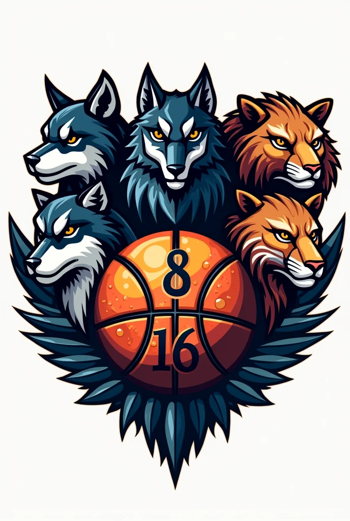 Create a logo where in the middle is a basketball with the numbers 8 and 16 and on the sides a wolf, An owl, A jaguar and a lioness 