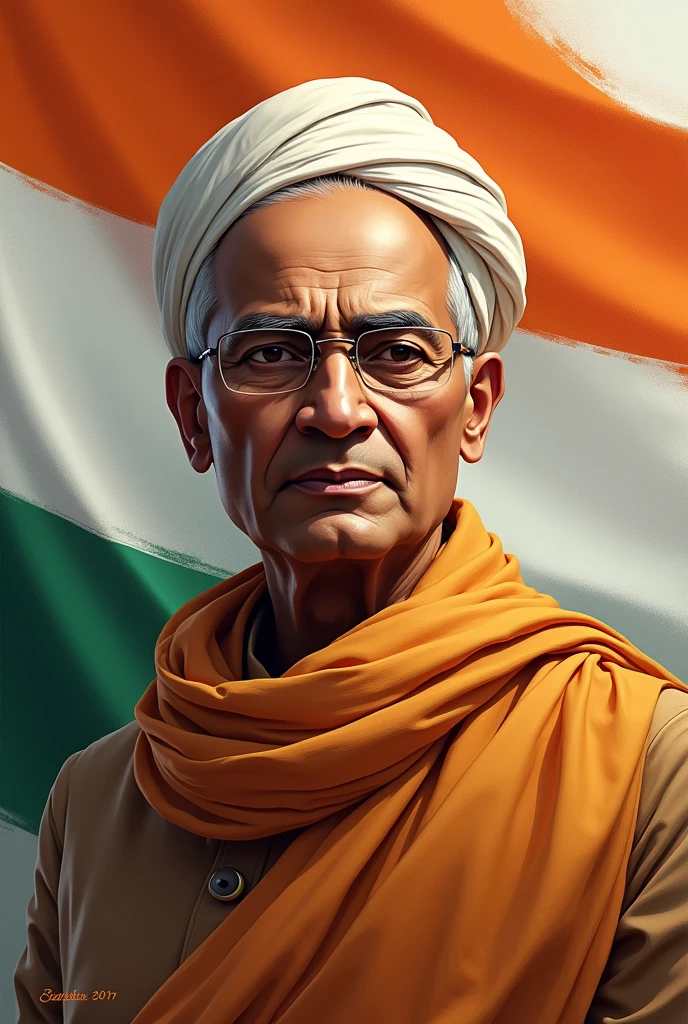 The picture of sardar vallabhai patel with the background of indian flag and bharatha matha pictures