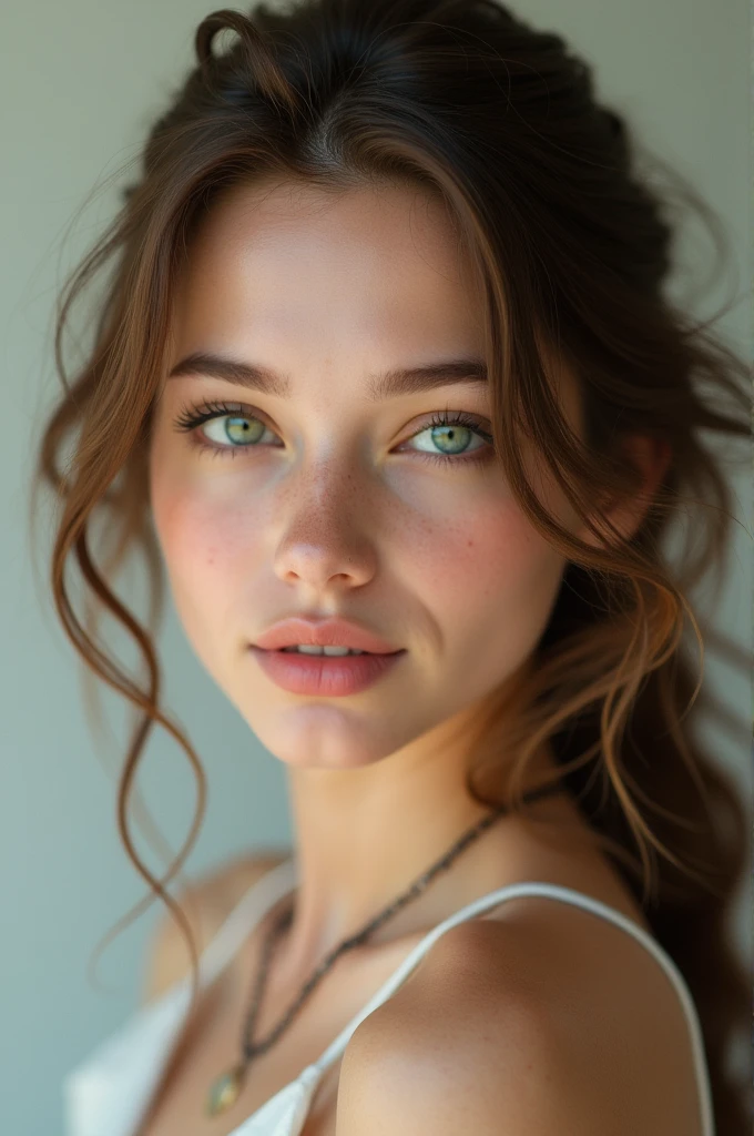 white girl, brunette with green eyes, perfect features and good facial symmetry, beautiful and attractive 