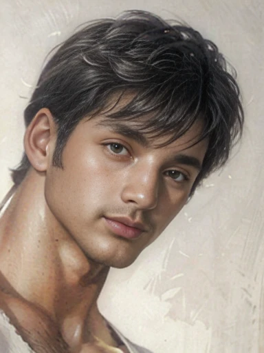 hyperrealistic oil painting art by (charles dana gibson:1.3), boy mix face between (sal mineo:1.2) and will smith as a majapahit prince, age 22, of A muscular white man, wearing harness, bodybuilder, sweaty body, white pale redish skin, clean shaven, black wide big areolas, big pointy puffy nipple, mythology, intricate detail, studio lighting, medium shot, shoulder angles, handsome, masculine, mix race between korean and Arab, closeup portrait, golden ratio face, small smile, mid back length hair, natural scene, landscape countryside, bokeh background, expert, 8k, studio portrait, soft light, rim lighting, photorealistic, cinematic lighting, masterpiece, high details, high quality, Huge nipples,