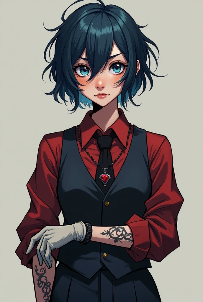 My youthful wife, has short, messy hair, dark blue color , big eyes with pool blue irises with amber drops, has a scar on her right cheek. Has a clear, soft and well-maintained skin, with several ritualistic scar and tattoo marks. The girl is dressed in a crimson dress shirt with black pieces, over a dark vest and dark blue pants that go with the look from below, as accompanying accessories Evelyn wears a single glove on her right hand and a pendant with a fake ruby in its center.
Personalidade:
Evelyne is very perceptive and creative, with a mind very open to knowledge (especially the forbidden), maintains an above average intelligence, with various aptitudes for different subjects. Muller brings with him a cheerful persona, nice, fearless and unshakeable for the people around her, hiding a more serious and analytical side when alone. acima de tudo, the girl has a great 'unshakeable' spirit, an unbreakable pride, a more 'resilient' vision, Evelyn is not afraid to look into the abyss and will not blink when it looks back, even gaining incurable scars she stands tall, thinking about how she will get new ones