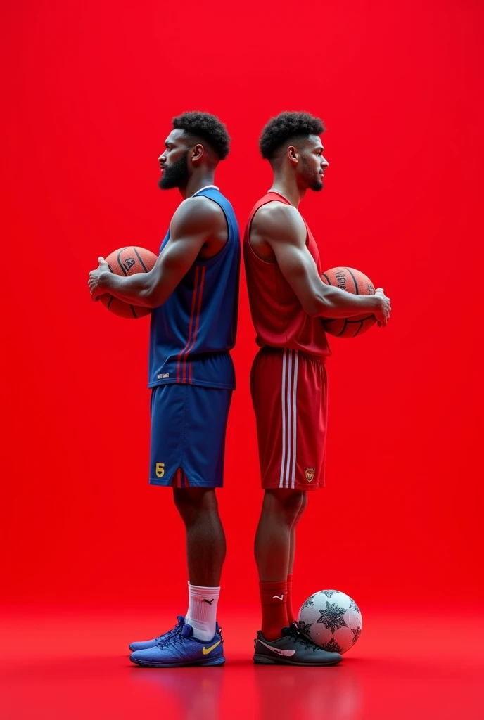Red background, 2 people back to back, one basketball player and the other soccer player, Written on top "baile de Munique se torna poliesportivo" in white