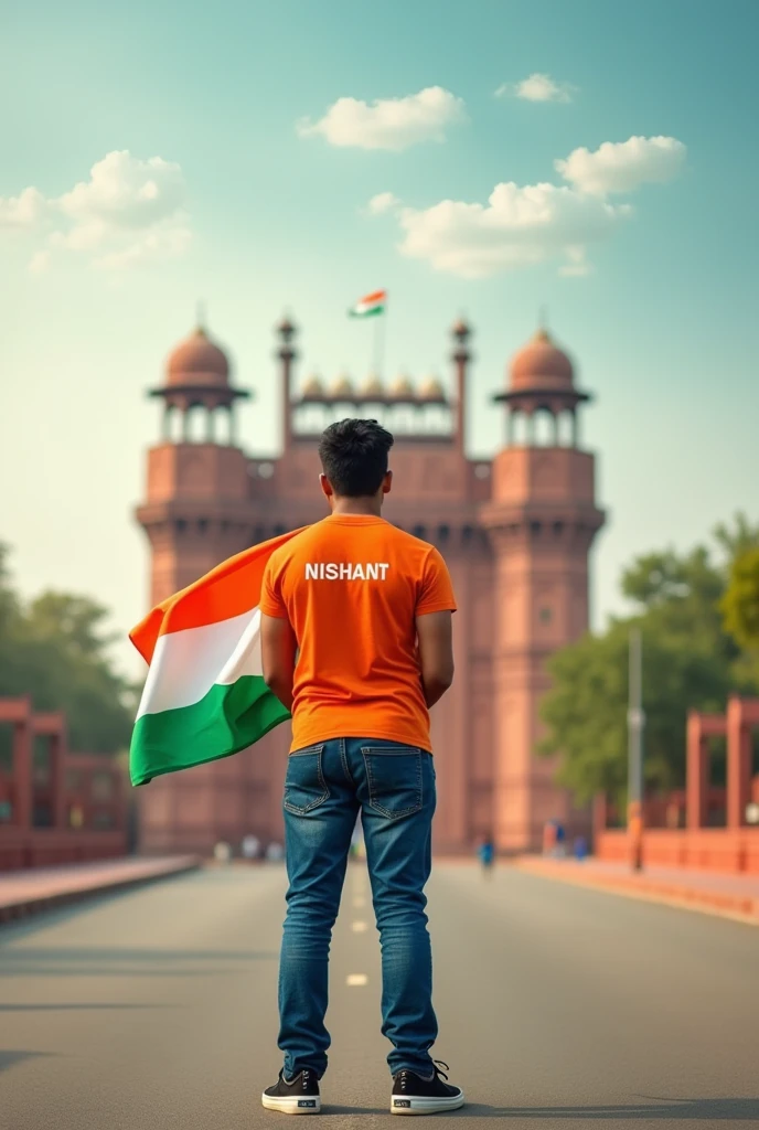 A real 20 years old boy, Wearing Orange T shirt blue jeans sneakers and the name “NISHANT” is written on his t-shirt and the boy is standing backward on the road with holding a national flag of India, and behind him is the Red Fort Delhi. And written on sky “Independence Day” Create Realistic image high quality