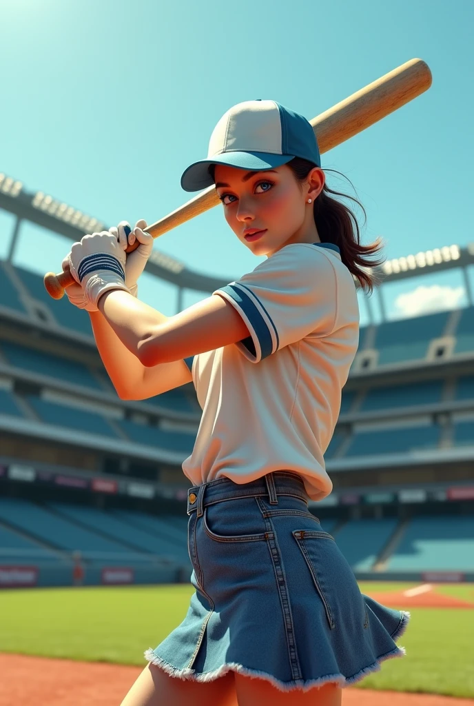 Bat Swinging Pose, young women, denim skirt, turned cap, centerfield, hard sun, empty stadium, clear sky, hitting the ball, epic realistic, very detailed face, brunette, blue eyes, facing the camera. roberta sligen