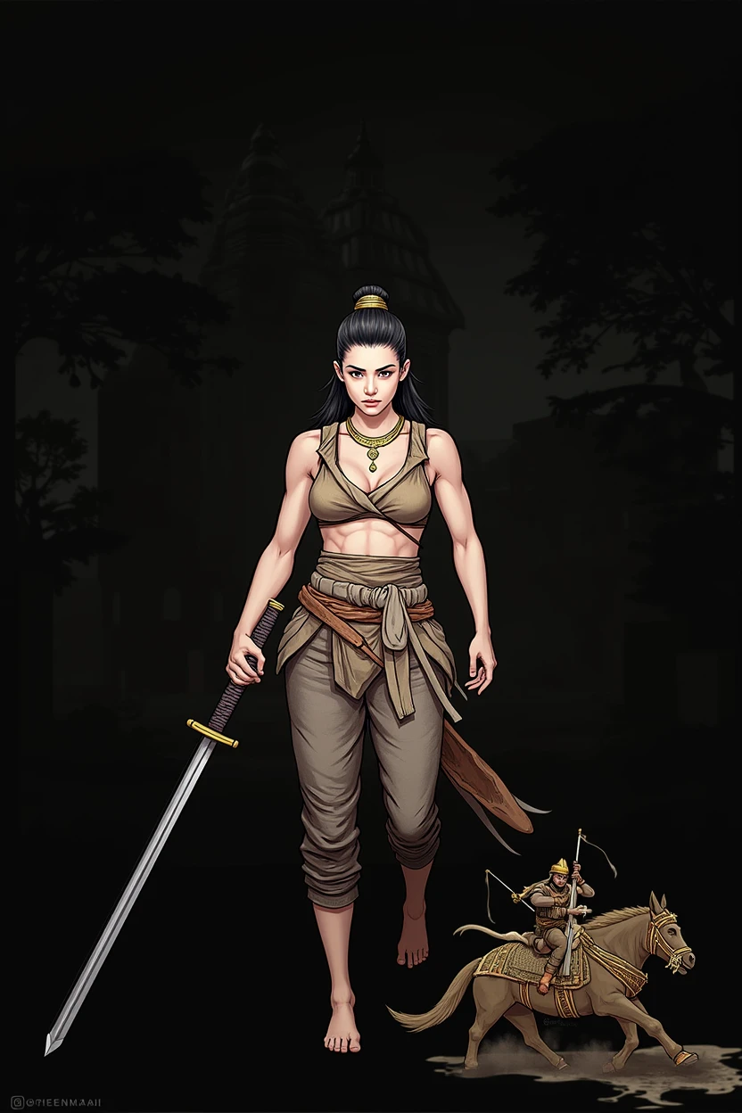 Ancient Siamese female warrior. She has a very short ancient Thai hairstyle. She is full of strength, wearing a chest cloth, loose trousers and carrying a large Thai sword. Riding a horse on an Ayutthaya battlefield nearby, with ruins of an ancient temple and an ancient Siamese village visible in the distance. An image of a royal elephant fighting in the background. Realistic photo. Still from a movie. Movie. Movie.