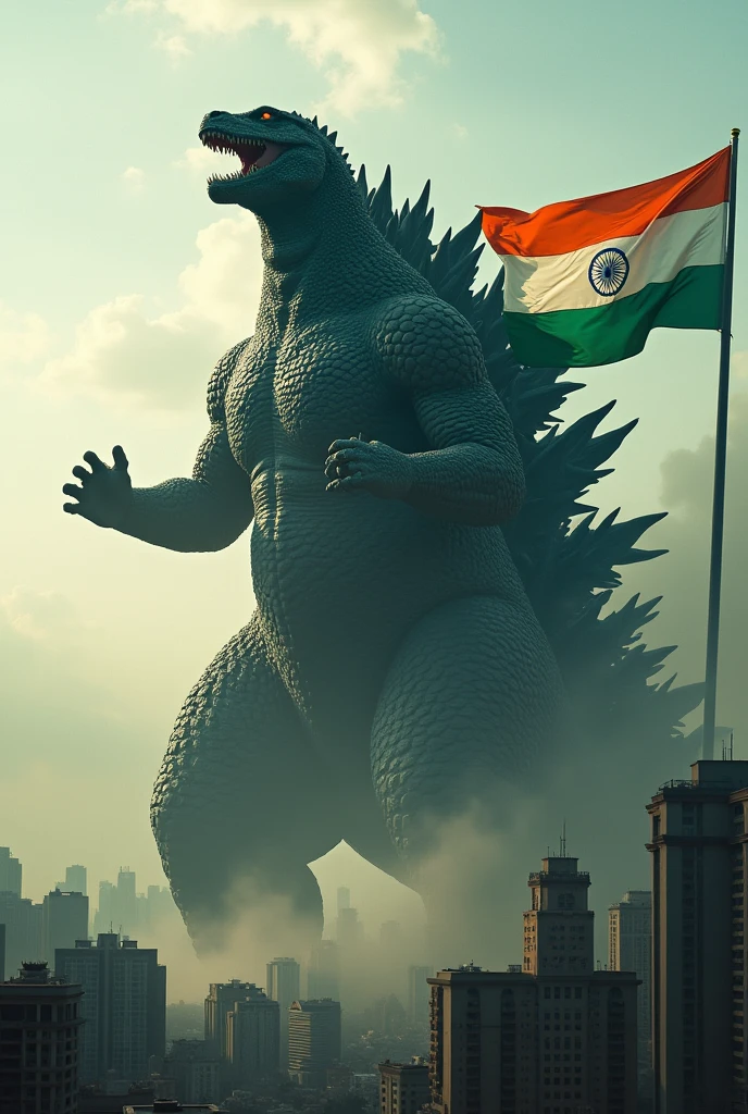 Godzilla protects the Indian flag from all monsters. 