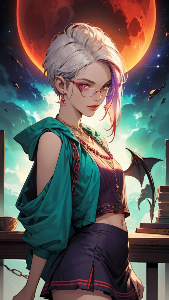 8k, masterpiece, best quality, highly detailed, 1 girl, tiefling, warlock, pixie cut, multicolored hair, very short straight hair red highlight hair on white hair, strippled hair, wearing glasses, round glasses, earrings, navel piercing, red eyeshadow, long eyelashes, blushed cheek, red lips, pearl necklace, rings, collarbone, mole on face, glamorous, teal and purple clothes, sleeveless, miniskirt, smirk, close up view, rings, looking at viewer, demon horns, solo, milky way, starry sky, blood red moon, standing, chains on the background.