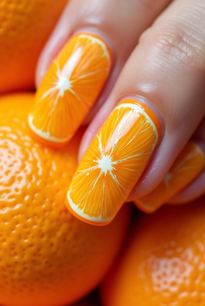 Orange Peel Nail Art: This design brings the zestiness of fresh oranges to life. The center of the nail showcases a detailed orange slice, complete with the natural segments and pulp texture. The background is a textured, 3D orange peel effect, blending seamlessly into the fruit design. Some nails are accented with delicate drops of "juice," adding a refreshing and dynamic touch to the overall look.





