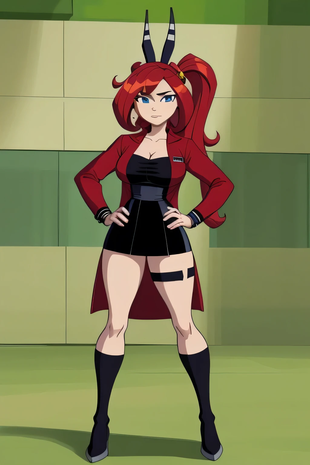 anime style, A highly detailed and realistic 3D model of a young woman standing confidently in front of an orange wall. She has red hair styled in two ponytails and blue eyes.. She wears a red jacket over a black dress., black gloves, and white socks up to the thighs. She has a pair of sunglasses resting on her head.. The model should include subtle movements in her hair and the fabric of her jacket., As if a gentle breeze were passing by. The scene takes place on a concrete surface with shadows cast on the ground., providing a realistic urban environment. The background should be simple and interior with neutral colors.. The model should be photorealistic and highly detailed., showing the character's elegant and modern look. Make sure the model captures her confident stance and natural proportions., with special attention to the detailed outfit and accessories, full body, model sheet, character design sheet,