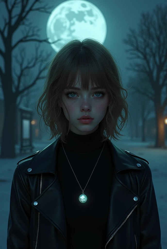 Young Brazilian alternative grunge style human with normal clothes fascinated by Greek mythology and supernatural creatures, deep connection with the dark forces of the night, A horror, mystery, and investigation RPG set in modern times, the basic image, occultist, medium length hair with bangs, light brown hair color , very clear skin, moonstone necklace, at night with the moon, minimamente glad, wearing a black turtleneck sweater with long sleeves, leather jacket, extroverted , glad 