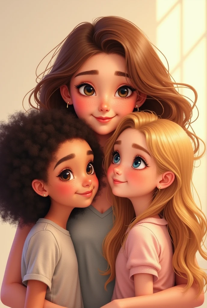 Drawing image of a mother and her two young daughters , the brown haired mom, a curly daughter with dark hair, the other daughter straight honey blonde hair