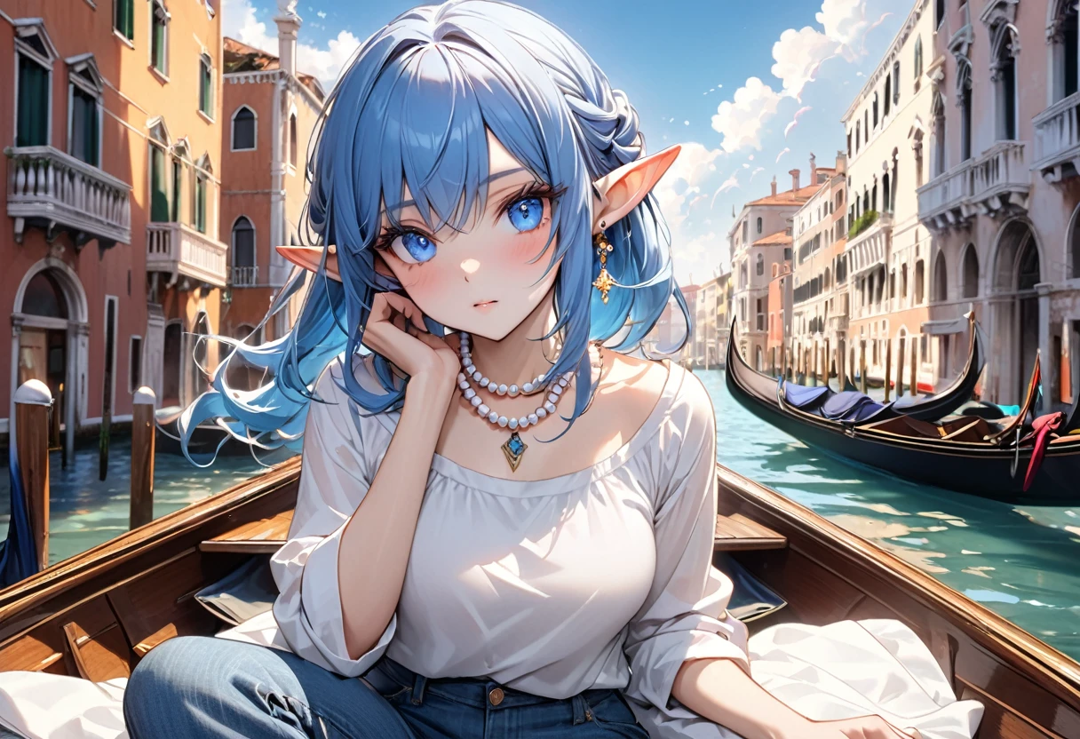 perfect eyes, soft light, high quality, 4k resolution, masterpiece, textured skin, high details, detailed face, detailed eyes, best quality, award winning, super detail, high quality, elf, blue hair, half updo, ribbon, bead necklace, pointy ears, crystal earrings, white linen shirt, Roll up the sleeves of her long-sleeved shirt, denim pants, street fashion, casual outfit, cumulonimbus clouds in the background, midsummer sunshine, Gondola ride in Venice