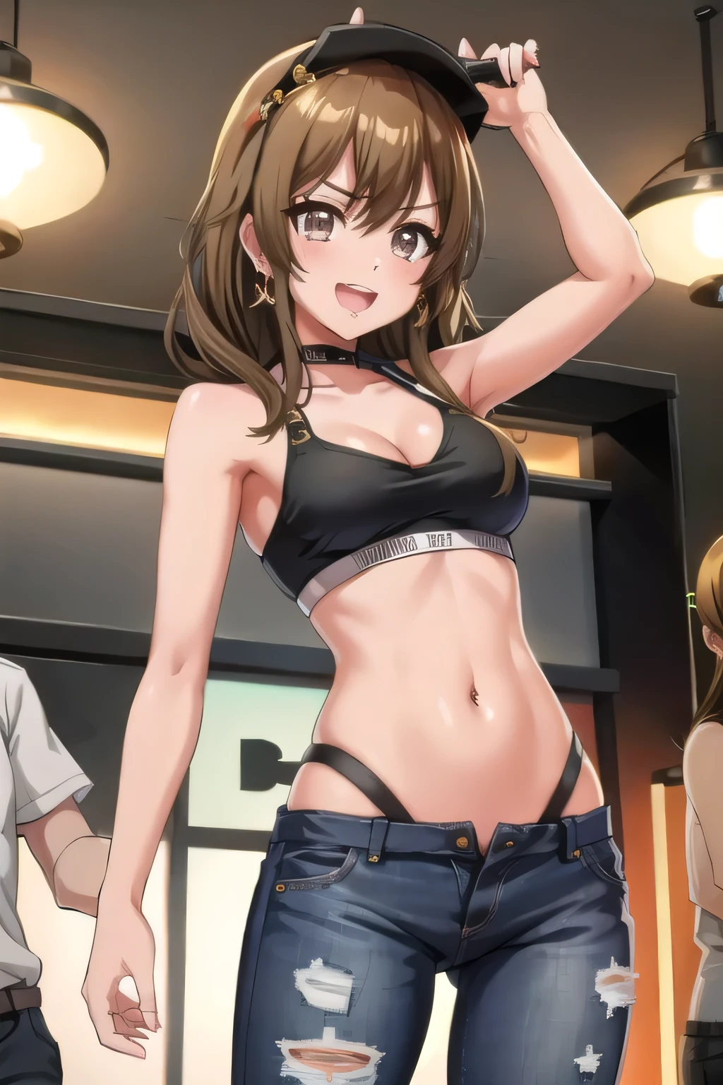  1girl, perfect face, wide hips, narrow waist, solo ,  KyokoDj, headpones around neck,  bangs,  brown eyes, long hair,brown hair, seductive smile, mall, shopping center,indoors, blush, lipstick, jewelry, earrings, Hot girl, baddie, mean girl, sensual, attractive, masterpiece,high quality,4k, bare shoulder,belly,crop top,holding pistol,cleavage,casual dress, bar background, inside bar, indoor,smile, open mouth, (nsfw) not safe for work, evil expression, exposed belly, exposed navel, exposed midriff, exposed lower belly, crop top overhang, underboob,jacket, unbuttoned jeans , low rise black jeans, Low rise jeans, Low rise jeans with open fly, navel piercing