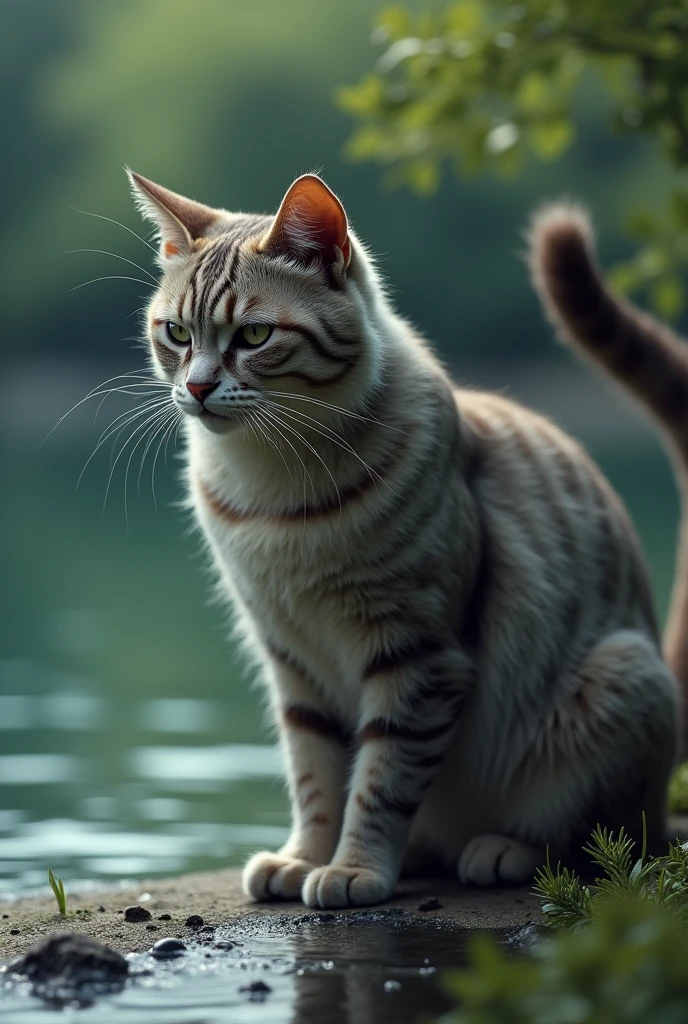 The cat gives the water a final glare before walking away, tail flicking in annoyance.