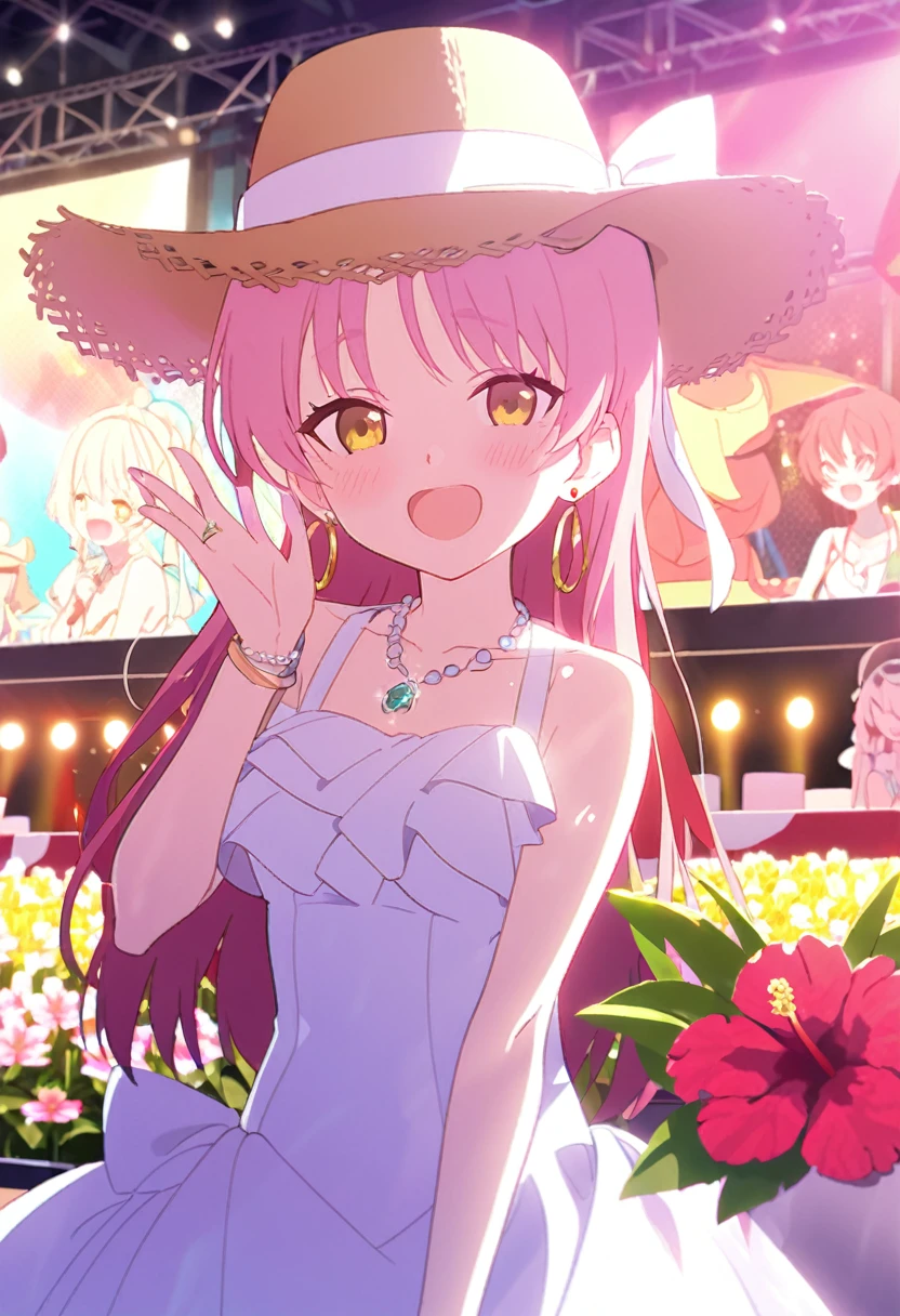 、cute、Princess、young、Yellow Eyes、Pink Hair、Super Long Style、Half Twin、hibiscus、Straw hat、Big ribbon、cute、Being spoiled、smile、Be happy、Eyes glow pink、Red cheeks、stage、Idol、White dress、Swimwear、Small breasts、Embarrassed、juice、sit、Sunburn、lover、Earrings、necklace、ring、Tulips