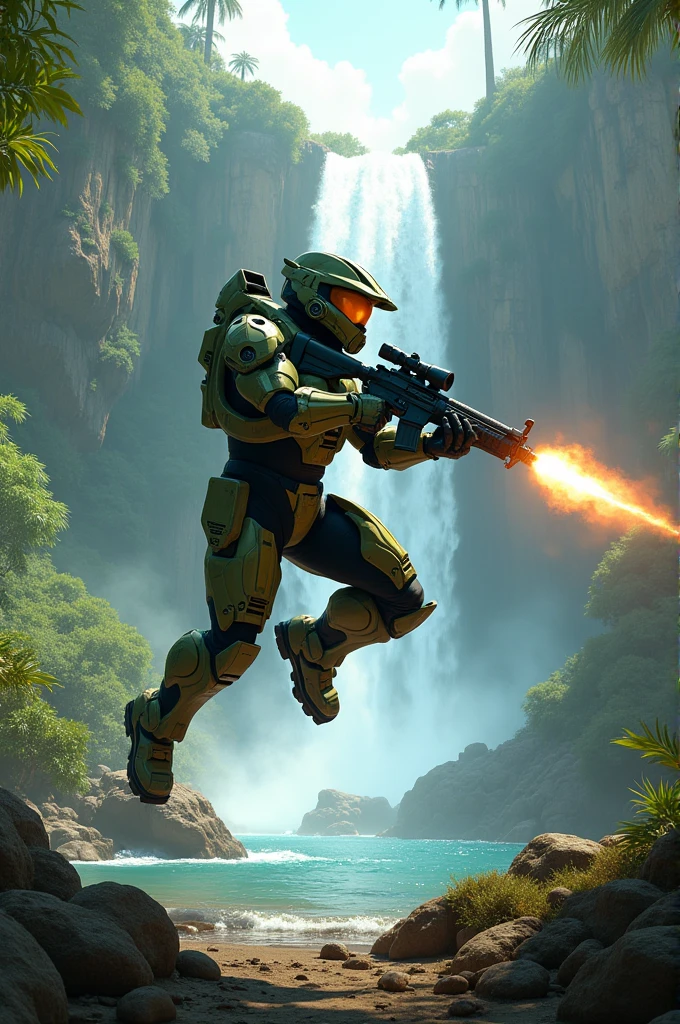 Master Chief from Halo shooting while jumping. Background is jungle, big waterfall and alien landscape. Photorealistic image 