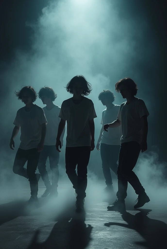 create a group of 6 silhouettes of young-adult men dancing in the shadows they are looking to front and have medium fluffy straight hair, cant see any details of them, with more smoke in the ground; they are in a empty show stage;
good try, but there must be 6 men
They have shirts
