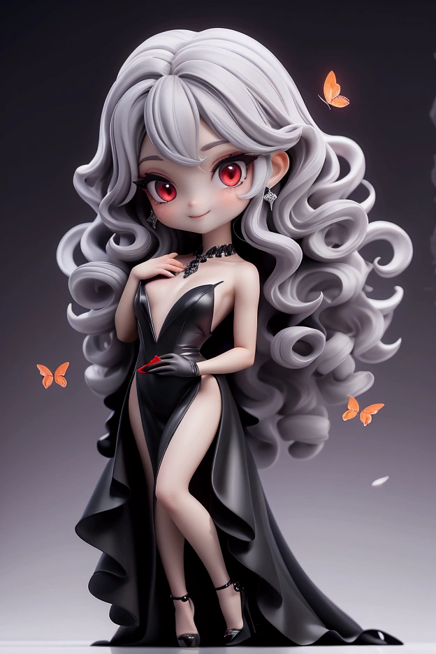 HD, masterpiece, best quality, extremely detailed, anatomically correct, sharp focus, Midnight, red moon, altar isle, falling petals, flying butterflies, ((full body portrait)), 1girl, solo, camilavtuber, silver hair with red hightlights, longcurly hair, red eyes, slim arms, black arm sleeves, black gloves, medium chest, 1devil wing, black long gown, high slit gown, slim legs, black stockings, black high heels, close up, innocent pose, Eye-Level Shot, front view, innocent pose,smile