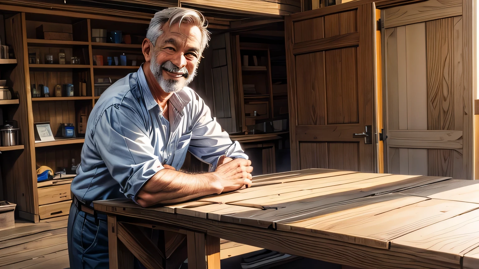 60 year old man, smiling, bottom: carpentry