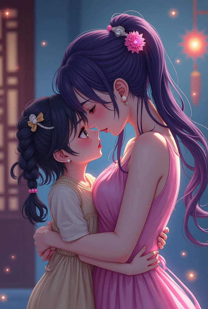 (mother and daughter, AGE_difference,Size_difference), listening to the heartbeat , hugging each other,(semen on the body), ashamed,blush,tears in the eyes, sweat, , masterpiece, Best Quality, very aesthetic, absurdities, ,keqing,keqing(genshin impact), purple hair,purple eyes,pupil of a pill,diamond rings,two tails,medium breasts,GOOD,pop,In a traditional Chinese room,Frontground of sparkling stardust,fancy,sparkling,Fireflies,
