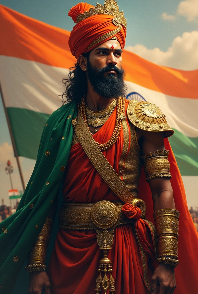 The picture of chatrapathi sivaji maharaj 
with the background of indian flag and bharatha matha pictures