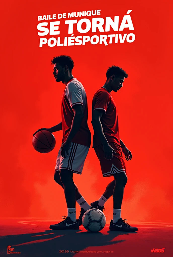 Red background, 2 people back to back, one basketball player and the other soccer player with a soccer ball, Written on top "baile de Munique se torna poliesportivo" in white