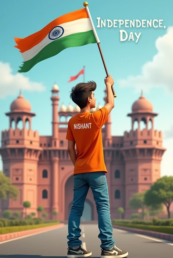 A real 20 years old boy, Wearing Orange T shirt blue jeans sneakers and the name “NISHANT” is written big on his t-shirt and the boy is standing backward on the road with holding a national flag of India, and behind him is the Red Fort Delhi. And written on sky “Independence Day” Create Realistic image high quality